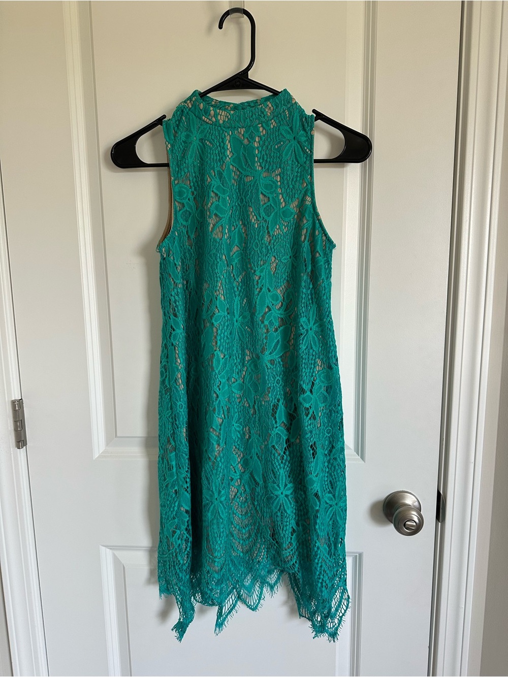 love, Fire Teal Lace High-Neck Mini Dress